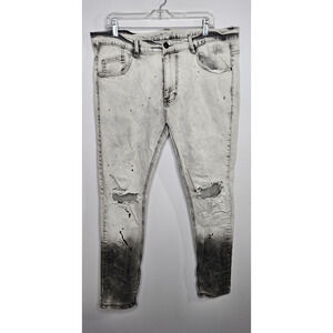 KDNK Mens Jeans 38 Gray Bleached Distressed Paint Moto Slim Straight Ankle Zip